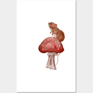 Cute Baby Mouse on Redcap Mushroom Watercolor Posters and Art